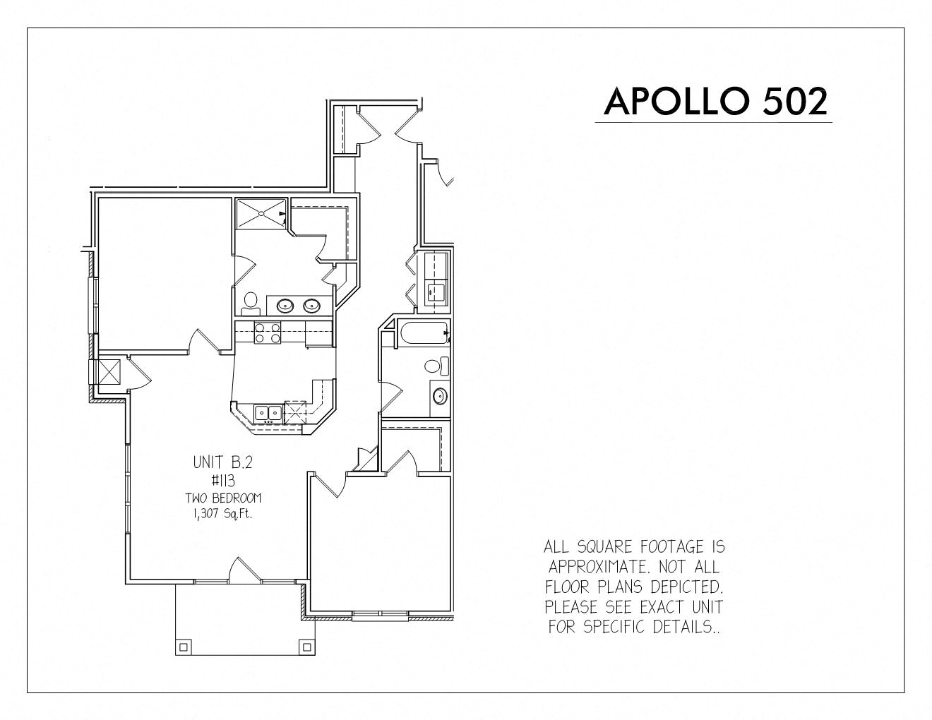Floor plan for 2 beds, 2 baths, 1307 sqft